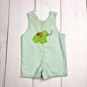 Preppy Baby Boy Romper Size 6 Months Frog Applique Green and Blue Plaid Gingham